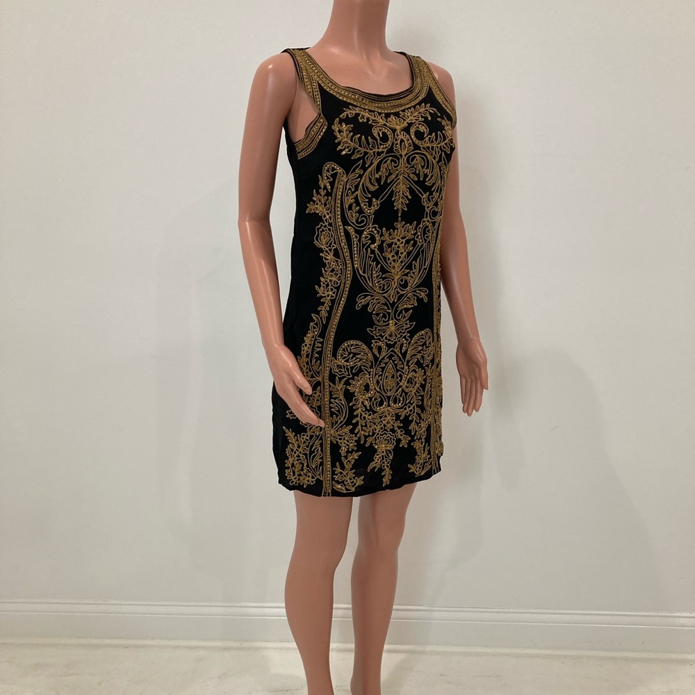 MIRA Boutique ladies sleeveless black gold embroidered dress size Small